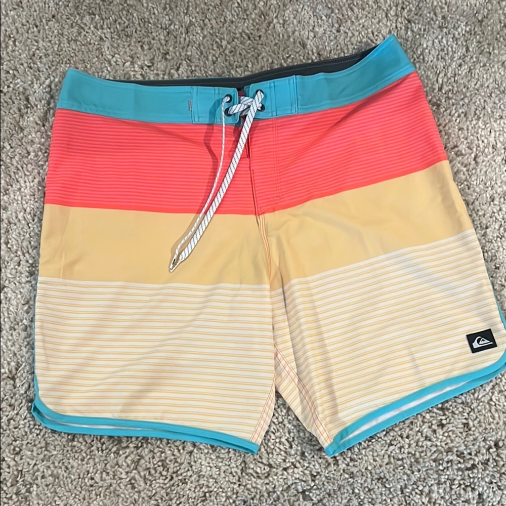 Quiksilver Striped Beach Shorts - Red, Yellow, and Blue